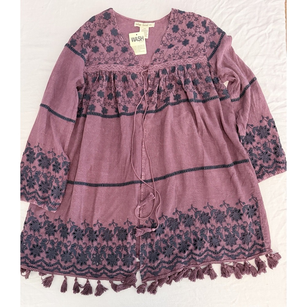 Indigo Thread Co. Purple Embroidered Tassel Tie Tunic Blouse XS Oversized